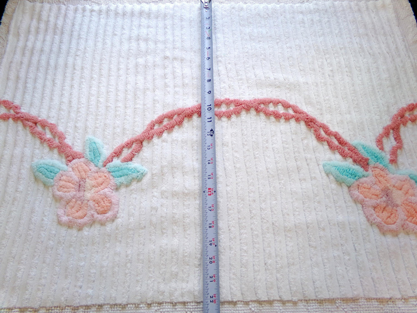 rose garland vintage chenille fabric, floral 20" x 29" piece of white cotton sewing material for crafts, pillows