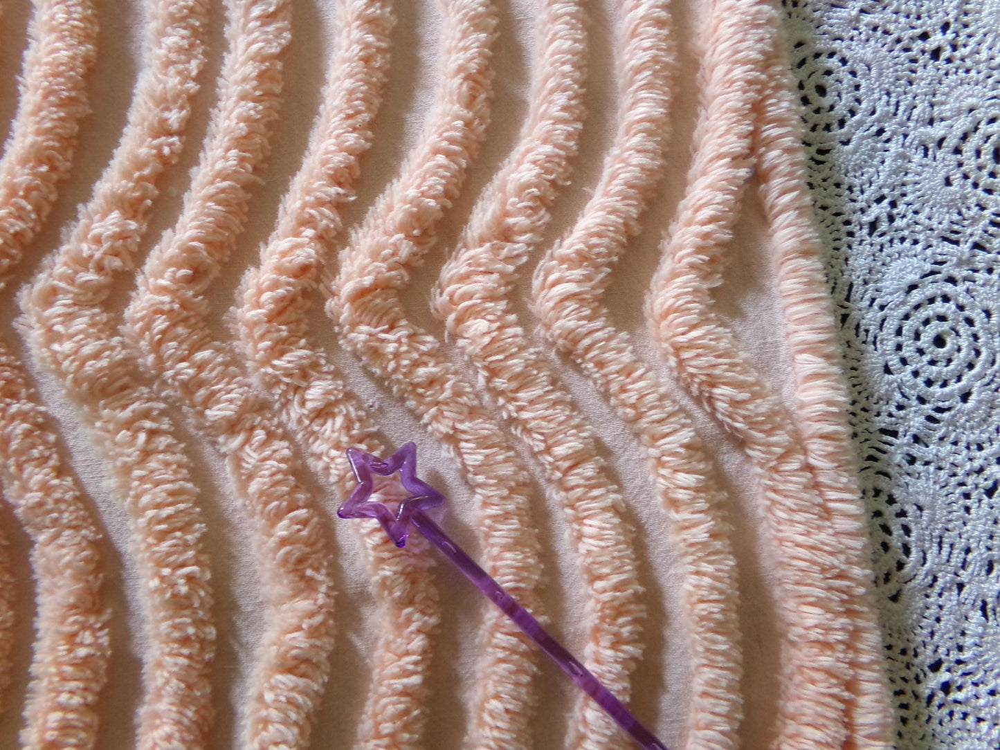 swirling peach waves vintage tufted fabric, 17.5" x 32" inch piece, plush chenille texture, sewing material for quilts, pillows
