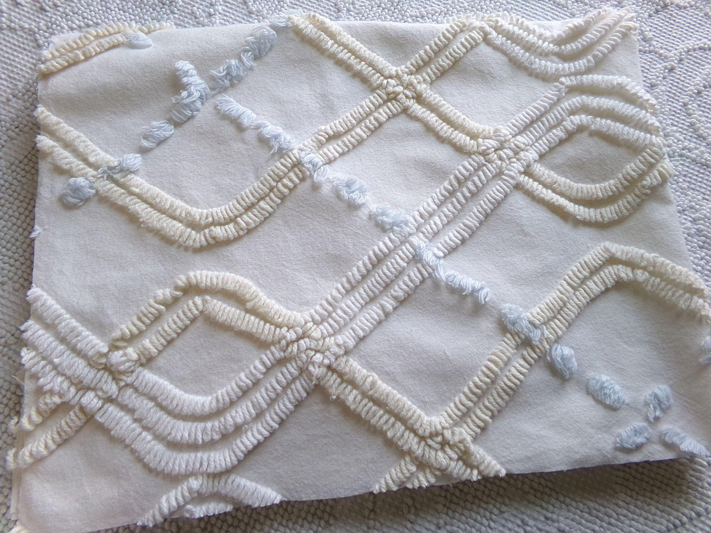 Coastal Life Vintage Chenille Fabric, Tonal Cream Geometric Design, Sky Blue Puffs, 20" x 24" Piece of Sewing Material for Quilting, Crafts