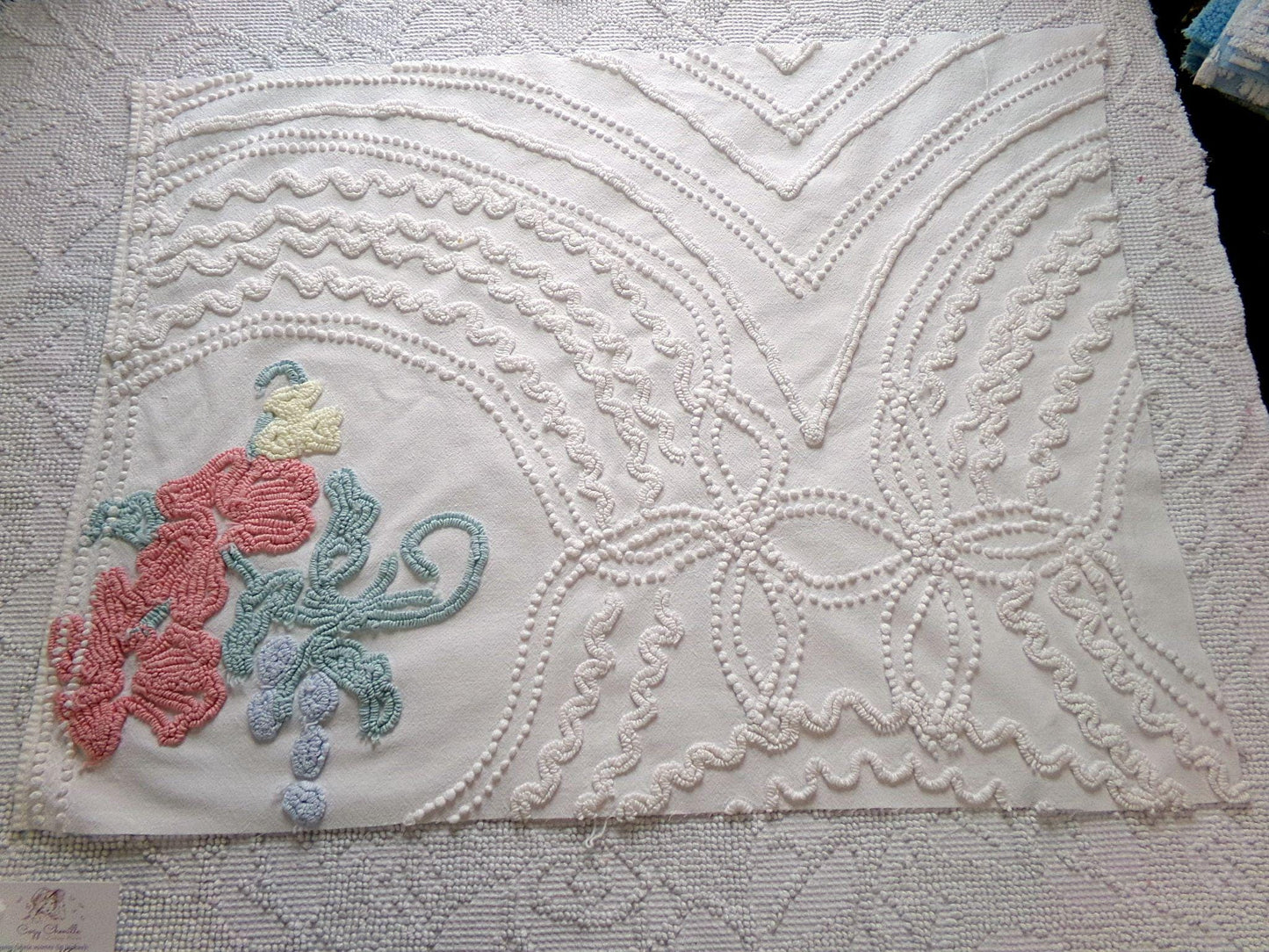 shabby delicate vintage chenille fabric, 18" x 24" inch piece of cotton sewing material for crafts & quilting
