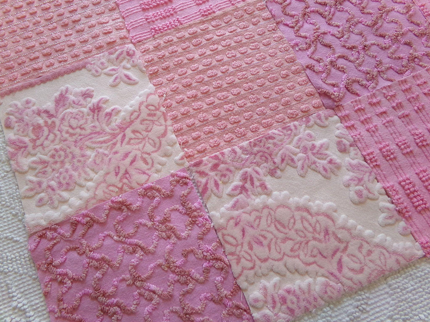 lux pink velvet & chenille fabric squares, set of 16 texturized vintage craft quilt blocks 6" inches for quilt inlays, pillows, fiber arts