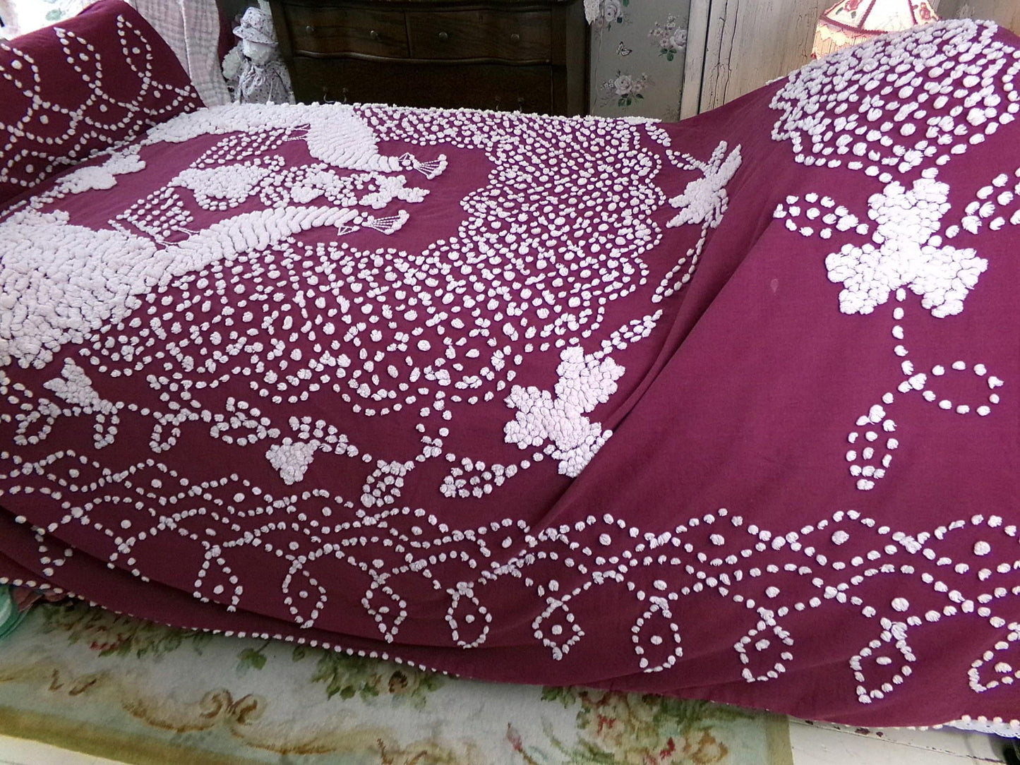 Antique Peacock Chenille Bedspread, Shabby Vintage Victorian Handmade Coverlet in Deep Wine with Snow White Tufting, Full Size Bedding