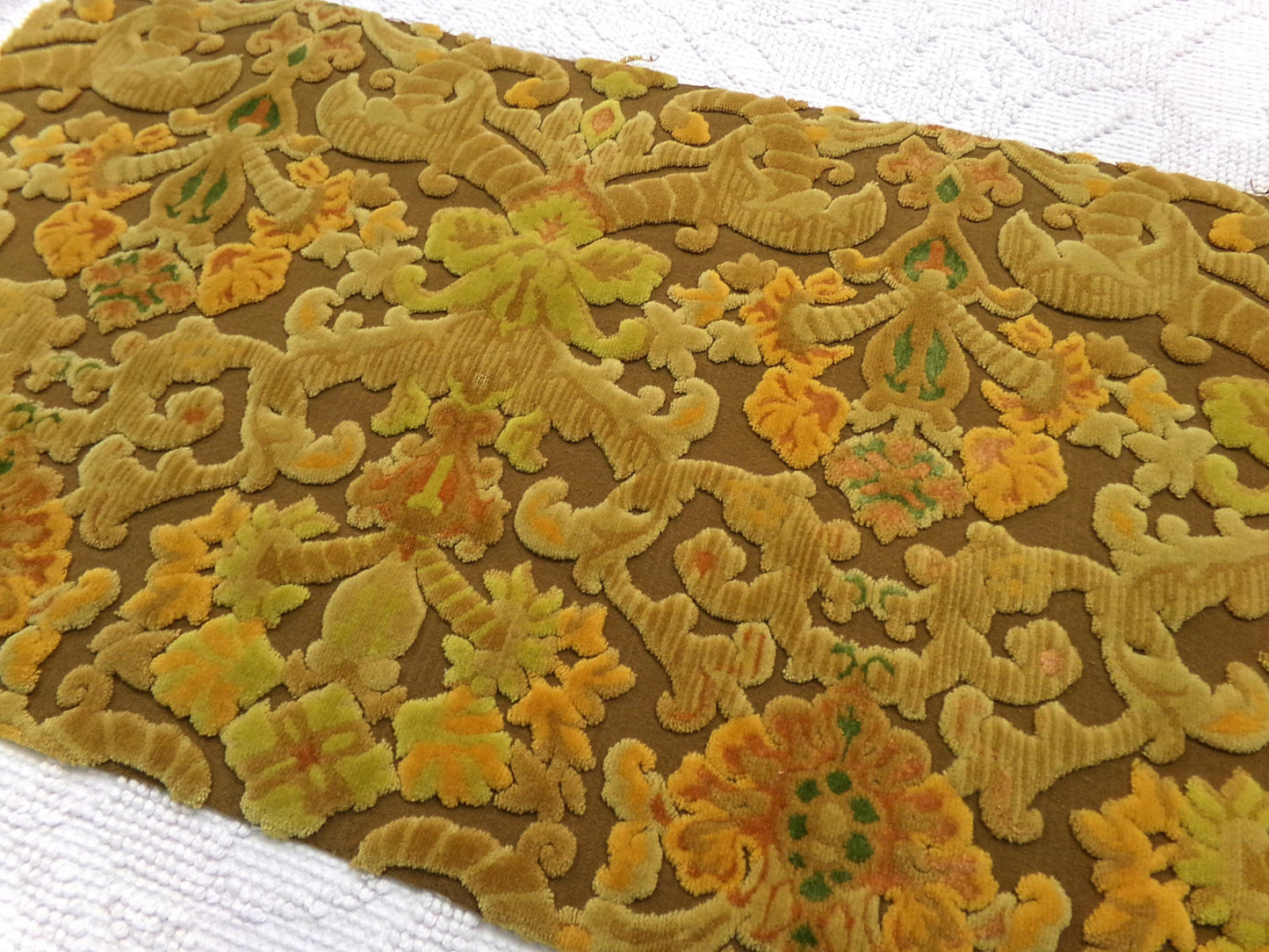 boho lux cut velvet fabric, rusty coppertone old world tapestry style Bates design, 12" x 20" cut piece, great for wallhanging, small bags