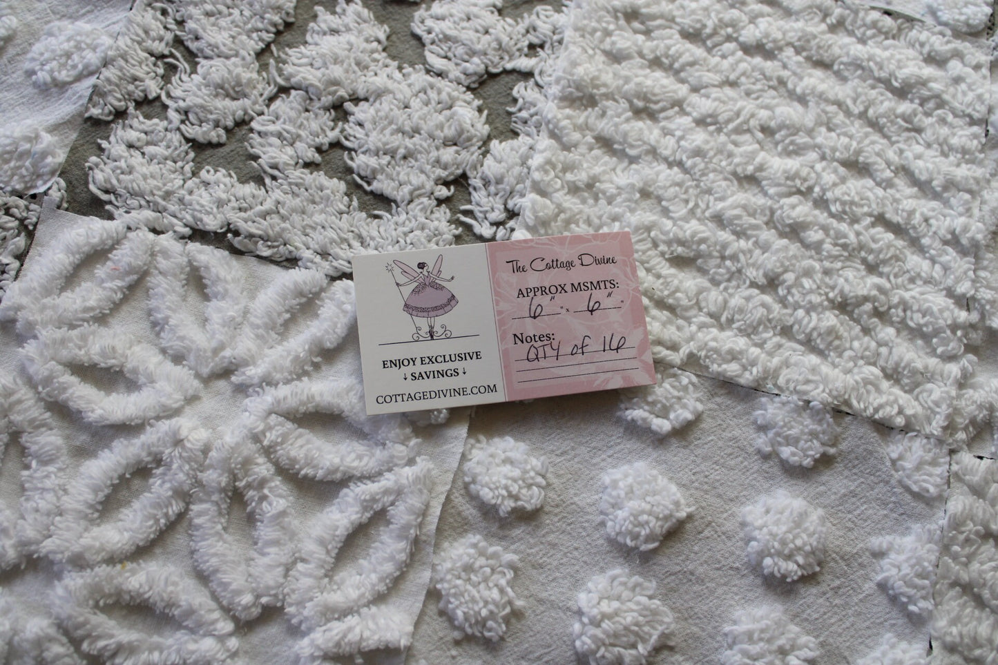 Blizzard Chenille Quilt Squares Set, Rotary Cut from Vintage Chenille Bedspread Fabric, 16 Blocks, 6" x 6" inch each