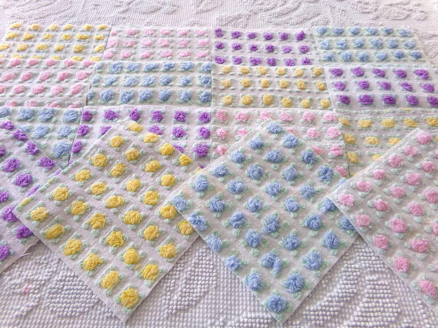 Premium Rosebuds Medley of chenille fabric squares, quilt square set cut from Vintage Chenille Bedspread Fabrics, 16 Blocks, 6" x 6" inch