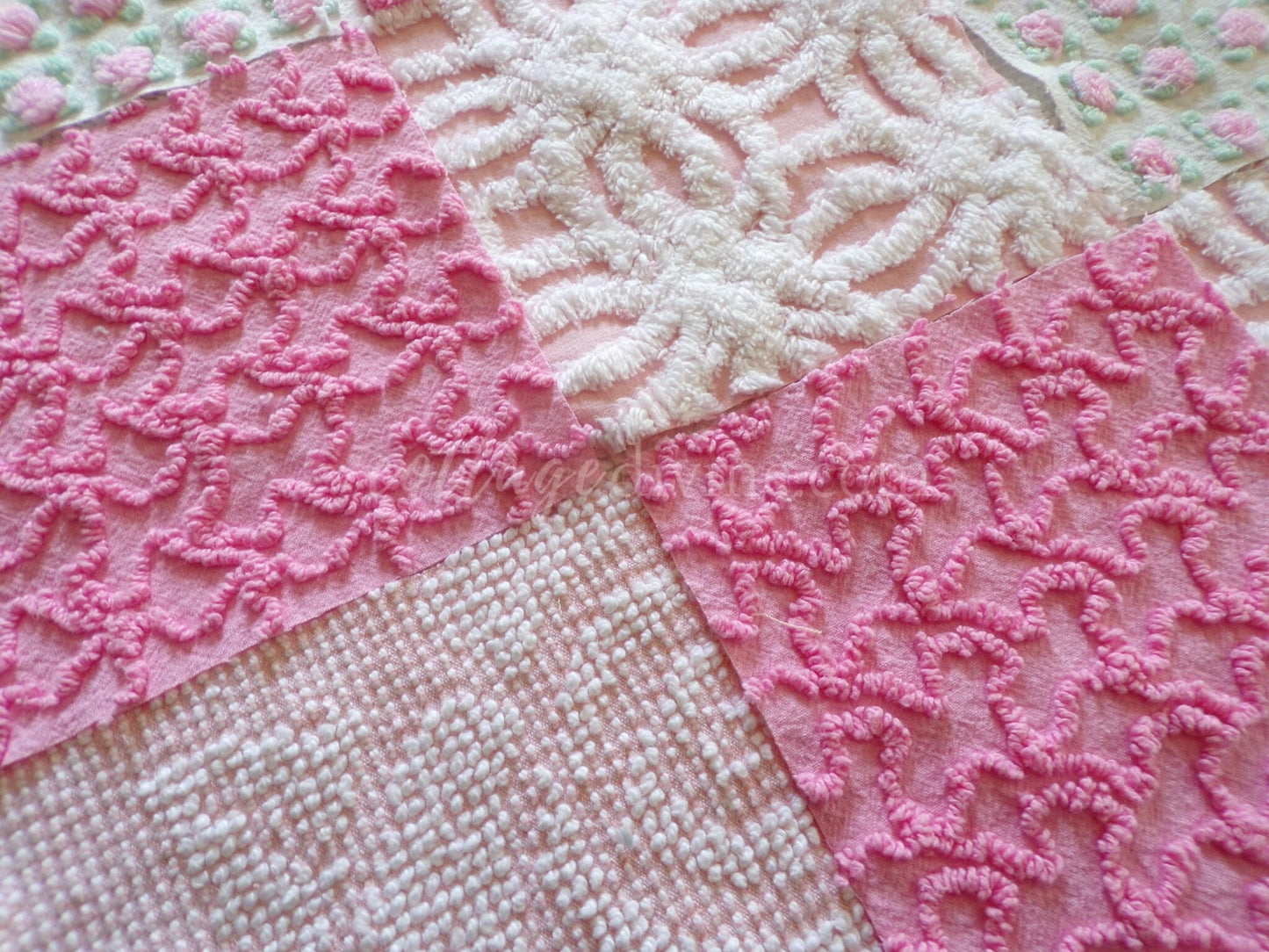 Must Love Pink Chenille Quilt Squares Set from Vintage Bedspread Fabric, 16 Blocks, 6" inch