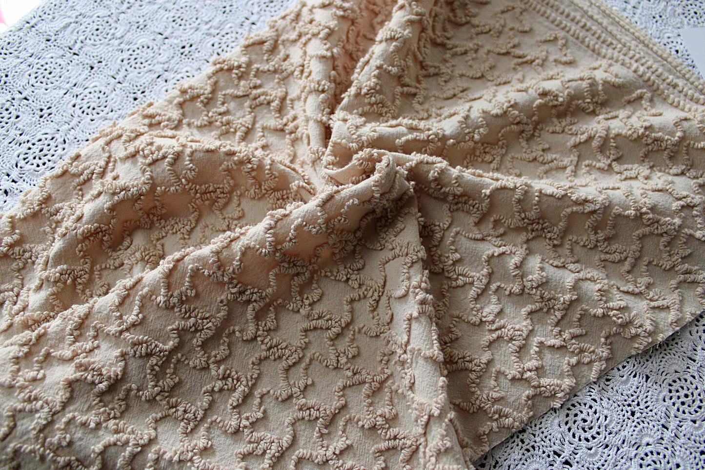 neutral vintage chenille fabric, sandy mocha texturized squiggles, 20" x 24" inch piece, 100% lightweight cotton