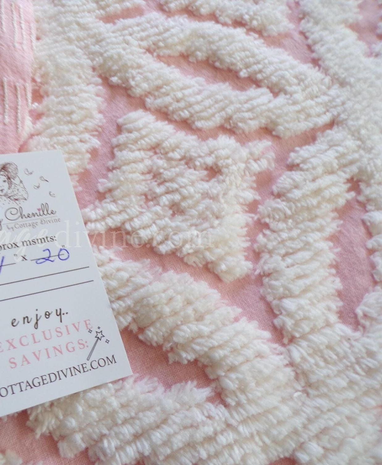 vintage chenille fabric, pink & white soft geometric design, 20" x 24" piece of sewing material