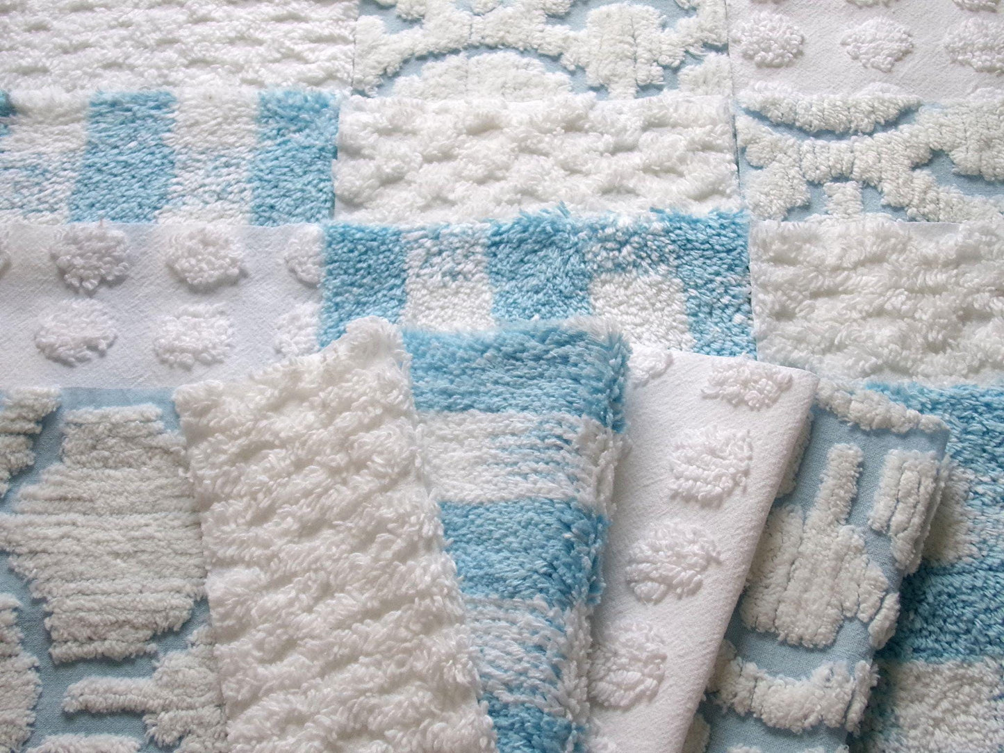 country gal chenille fabric squares, 16 vintage 6" quilt blocks in cool blue & white, for sewing, crafts, fiber arts