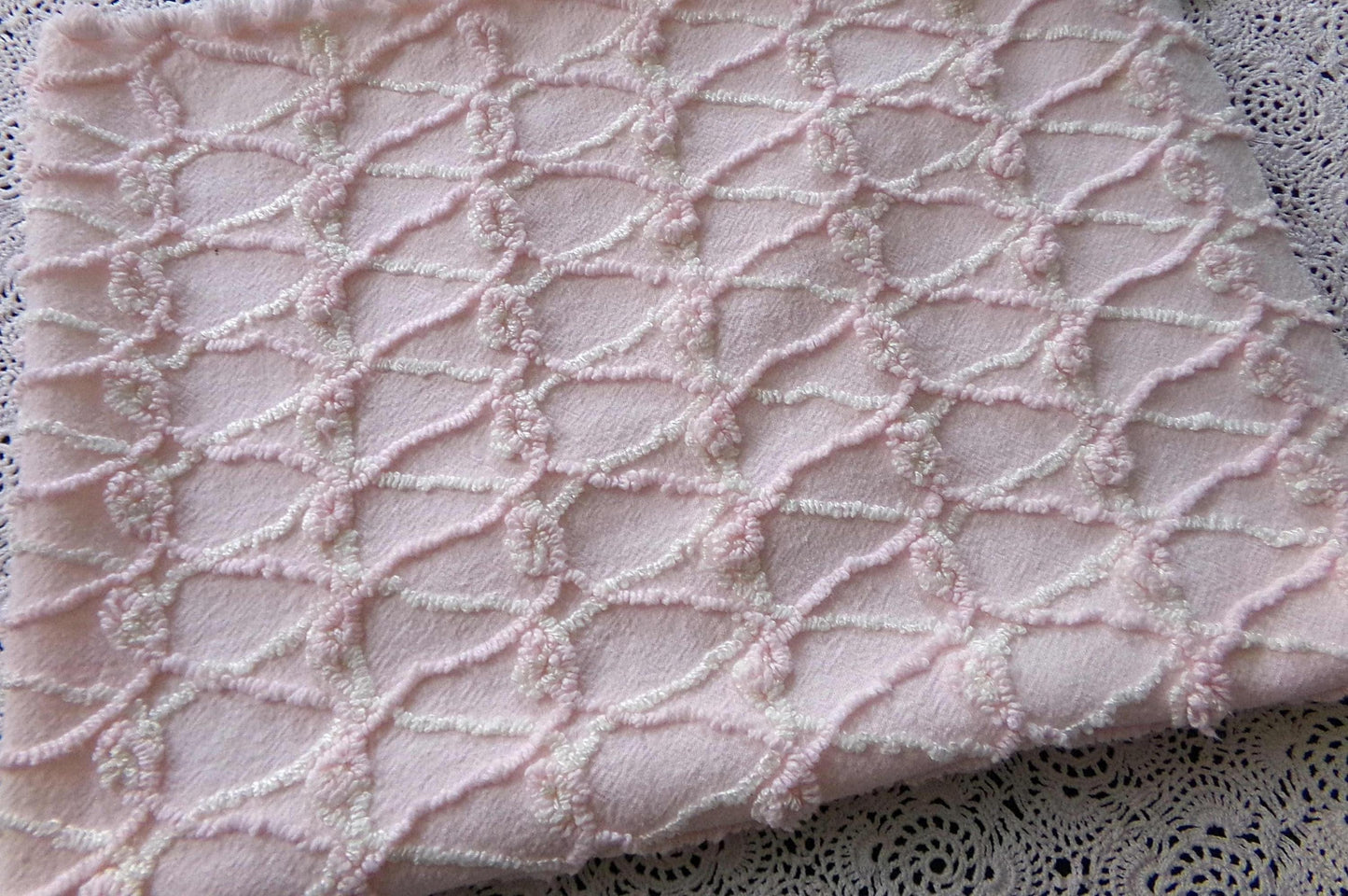 Eternity Knots Vintage Chenille Fabric Material, 19" x 26" inch Piece, Lovely Feminine Pastel Pink & Iridescent Vanilla Cream
