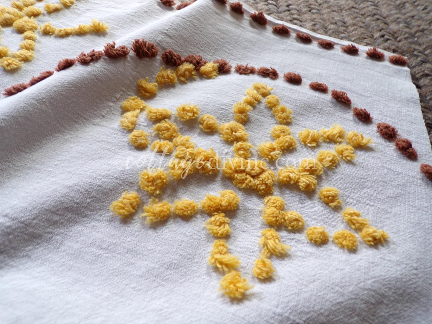 boho sunflower vintage chenille fabric, autumn gold & brown geometric florals on 100% cotton 22" x 28" cut piece