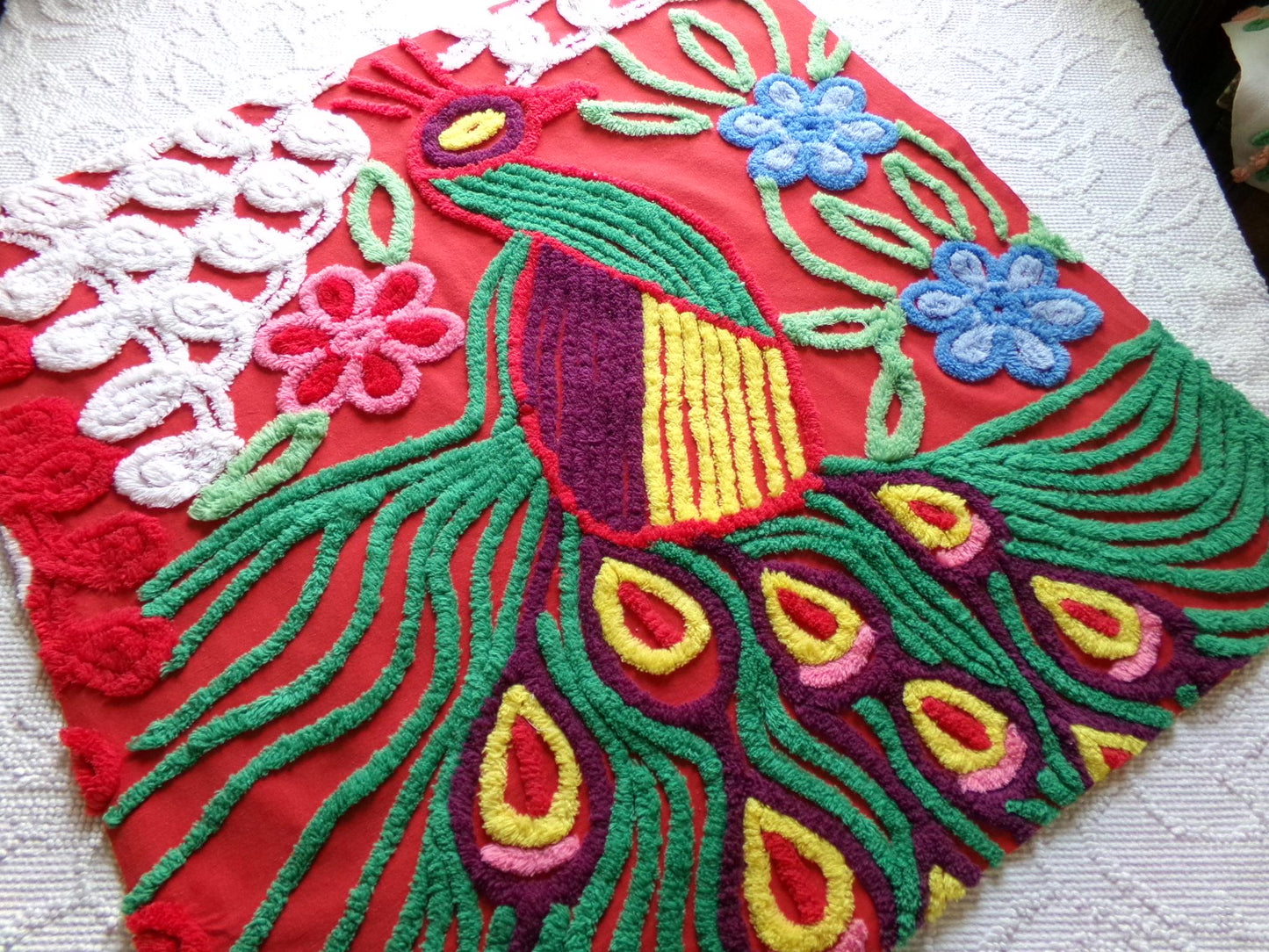 peacock vintage chenille fabric panel in saturated red, exotic material for a wall hanging or pillow, 23" x 24" inch piece