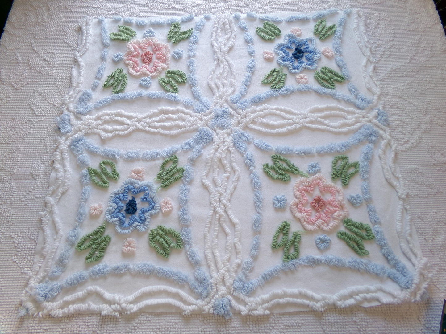 Country Cottage Chic Vintage Chenille Fabric, 20" x 21" Piece of Floral White Cotton Sewing Material, Upcycle into Pillows, Quilts