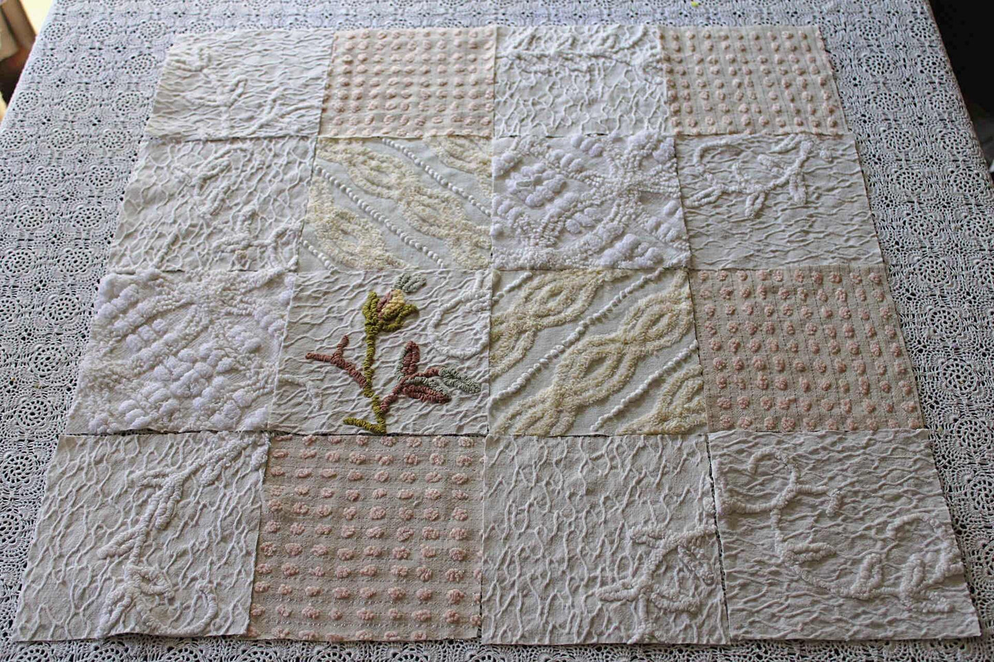 Vintage Matelasse & Chenille Fabric Squares, Heavenly Cream Set of 16 Blocks, 6" Each for Quilts, Crafts