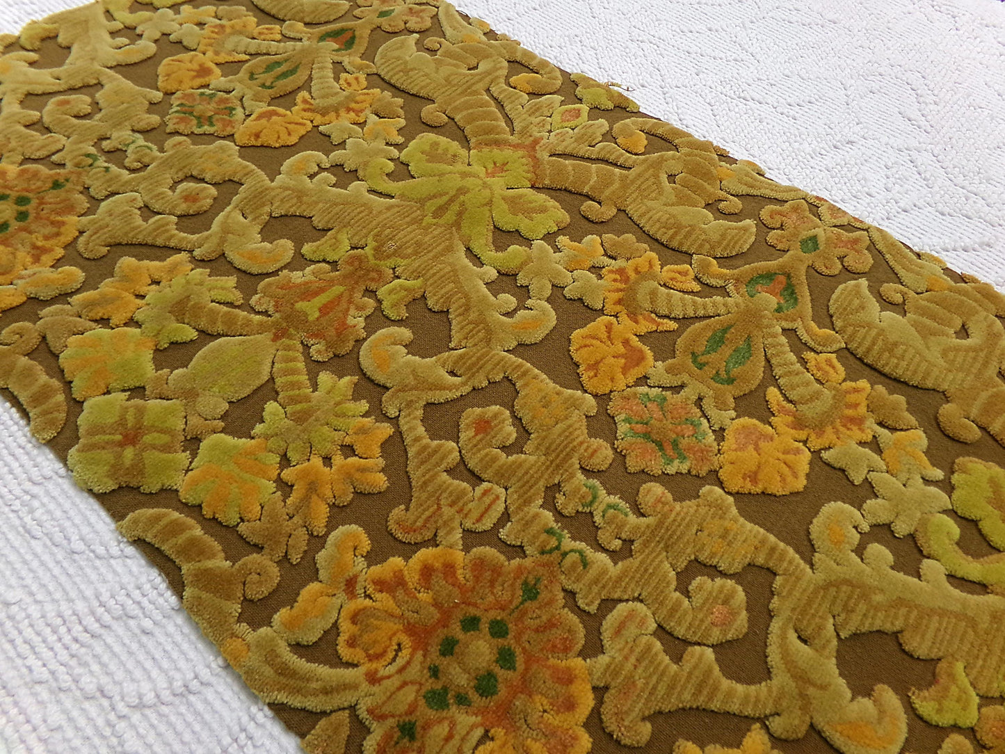 boho lux cut velvet fabric, rusty coppertone old world tapestry style Bates design, 12" x 20" cut piece, great for wallhanging, small bags