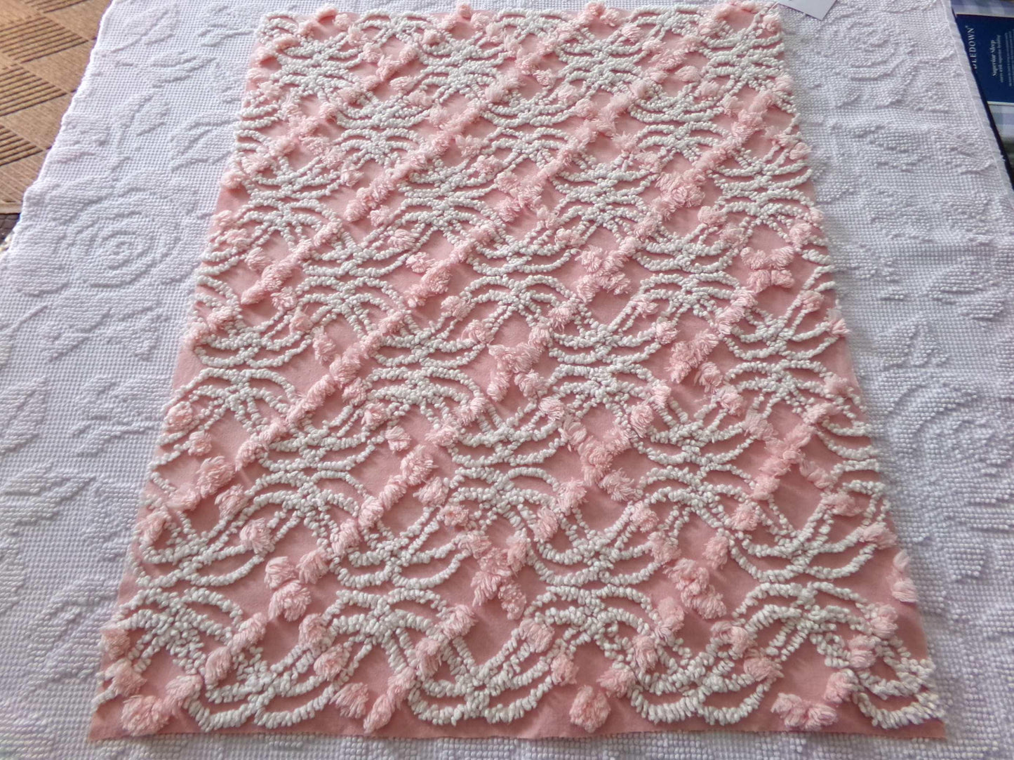 infinity tuft fabric textured pink & white, 18" x 24" piece from a vintage chenille bedspread, popular sewing quilt material