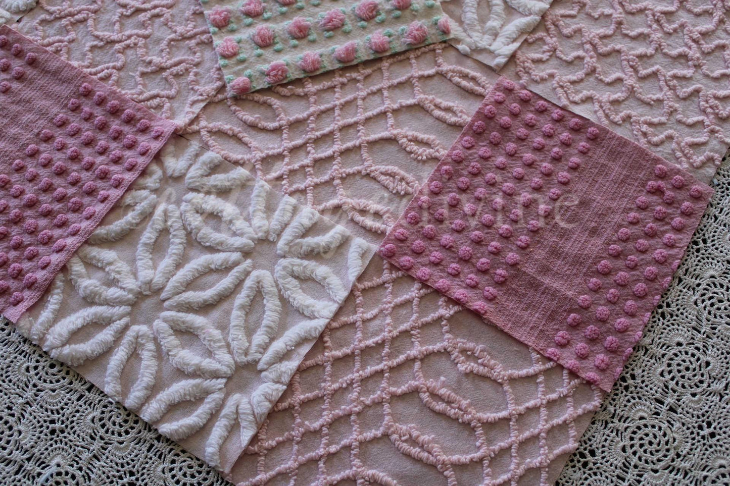 Prettiest Pink Quilt Squares, Daisy Rose Craft Square Set from Vintage Chenille Bedspread Fabric, 17 Blocks, 6" x 6" inch