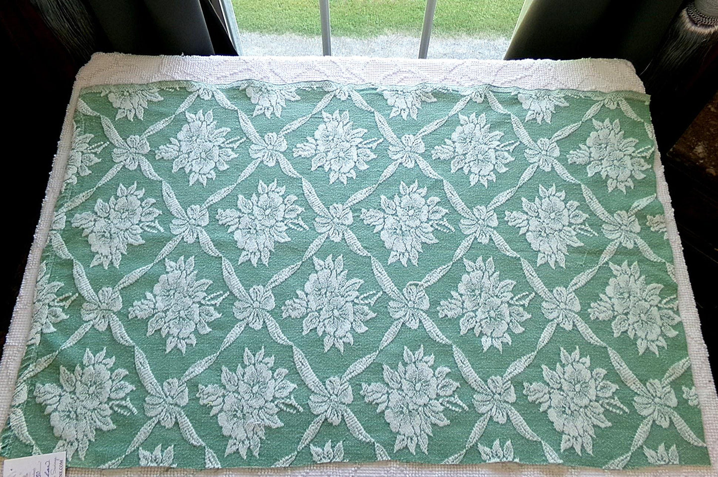 shabby cottage jade rose woven fabric, reversible sewing material from vintage bates bedspread, 20" x 30" piece for pillows, quilting
