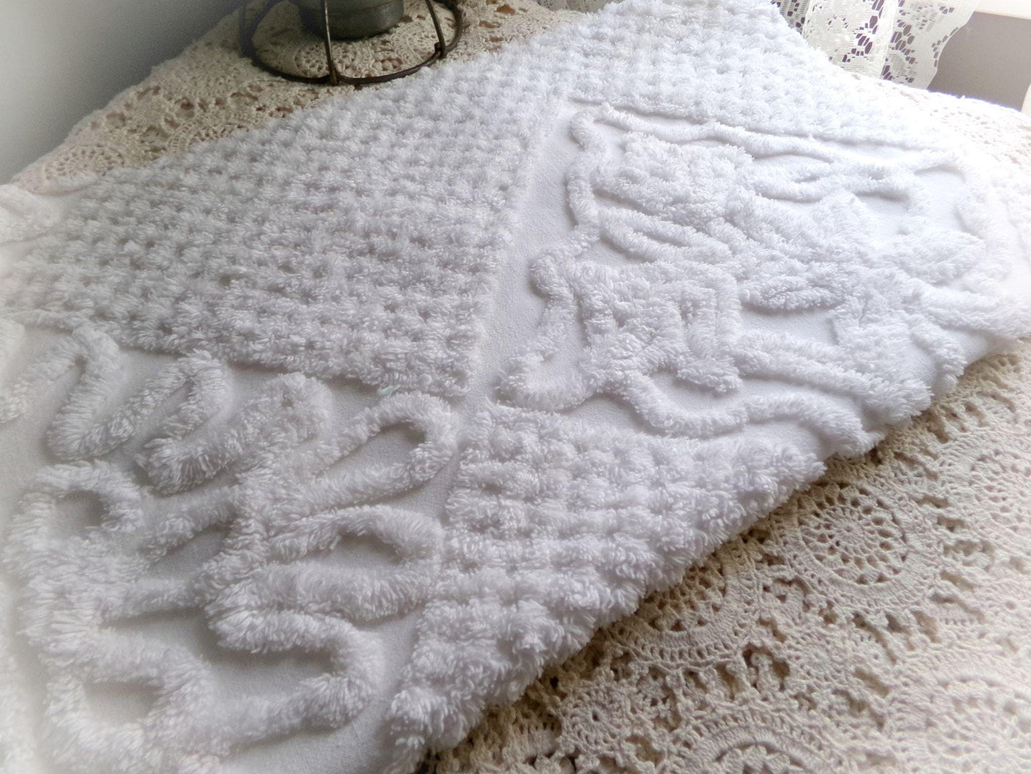 soft white lily chenille fabric, elaborate squiggle floral grid design, 20" x 25" inch piece shabby vintage cotton sewing & quilt material