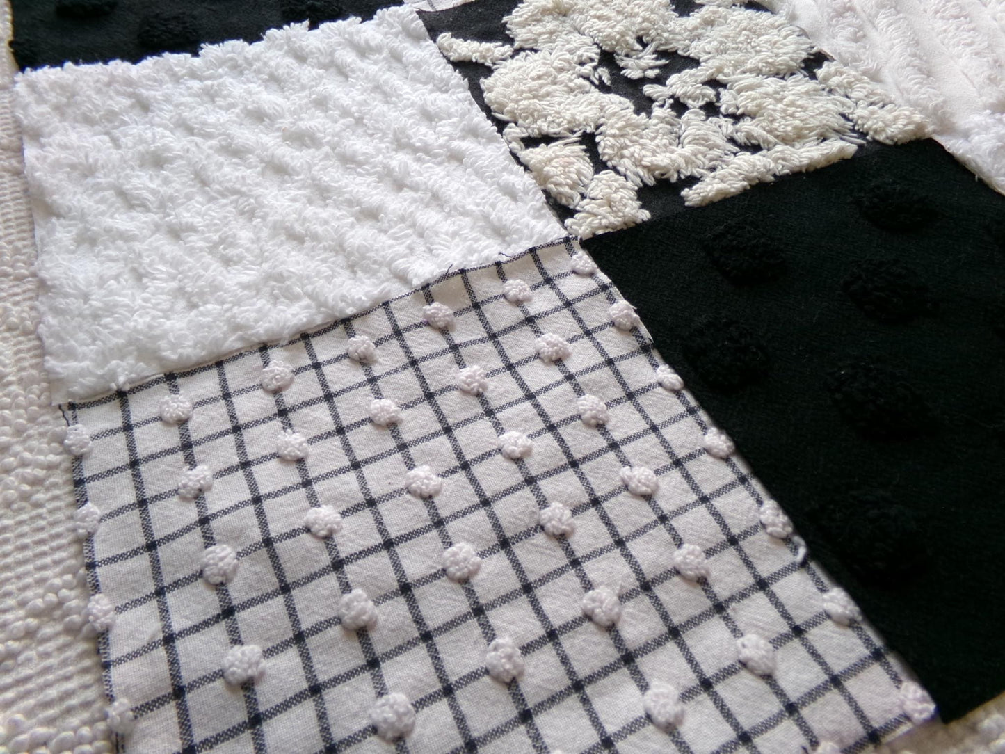 trendy tuxedo b&w chenille fabric squares, set of 16 vintage black and white quilt blocks 6" ea, great textures for crafts, quilting