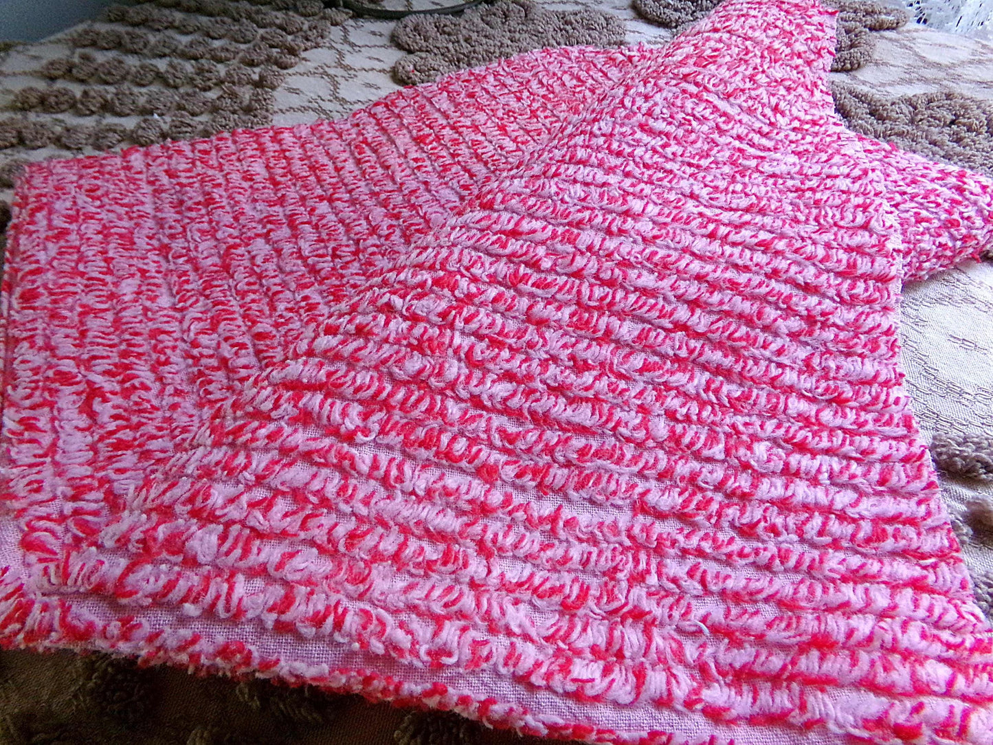 Peppered Red & White Skinny Stripes Fabric from Vintage Chenille Bedspread, 12" x 18" inch Piece, Fun and Festive