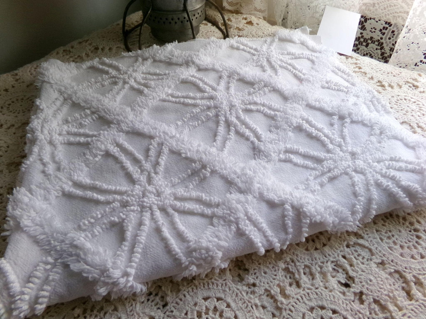 vintage white chenille fabric: webbed windowpane design, 20" x 25" cut piece