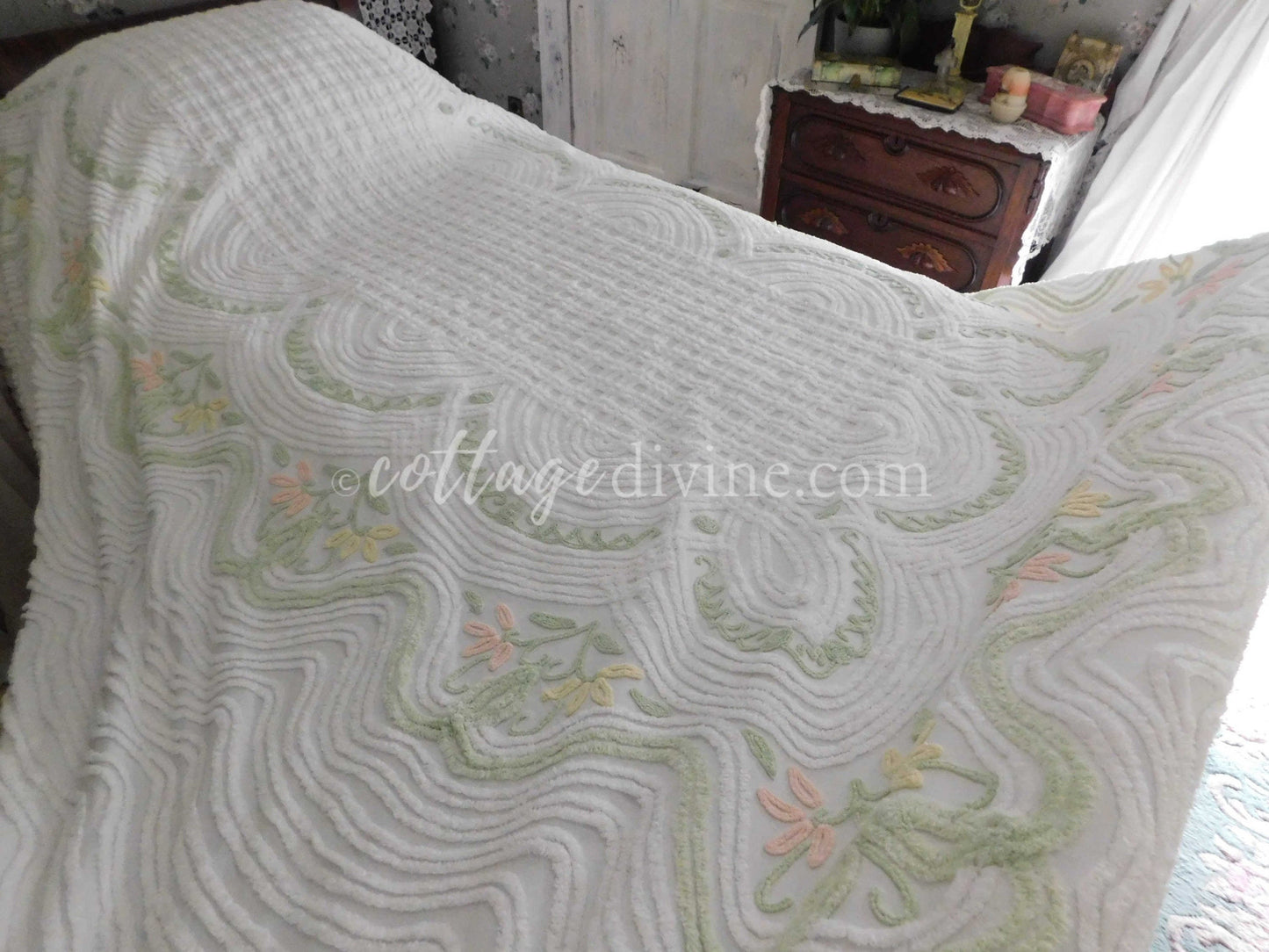 Coastal Bedding Floral White Vintage Chenille Bedspread, Full Size, Shabby Summer Cottage Style