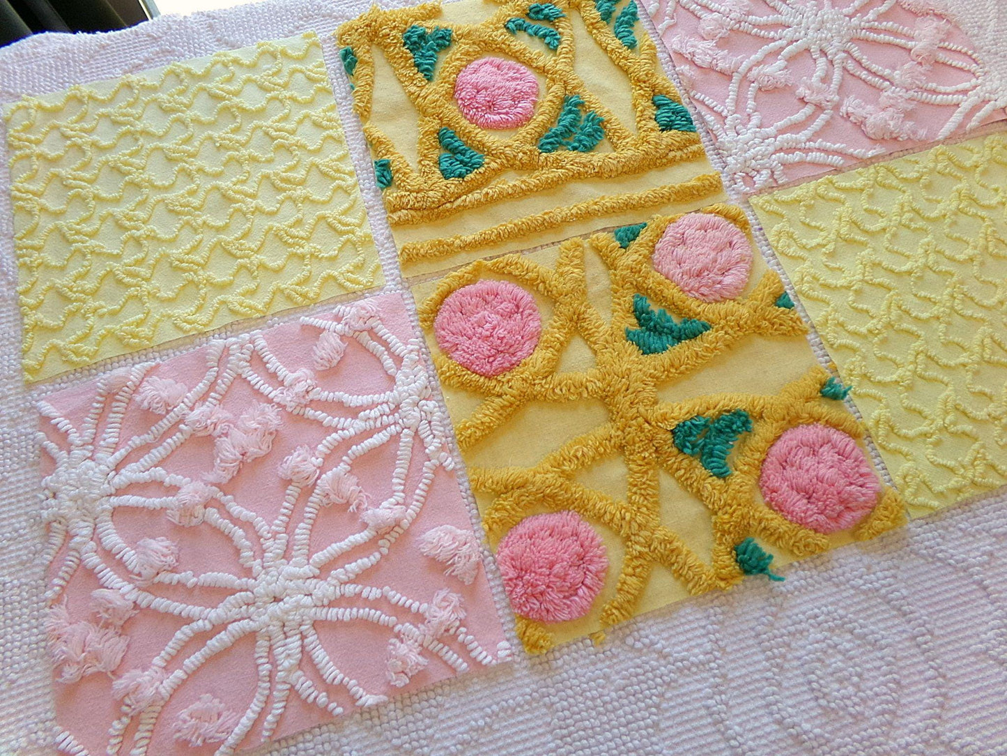 spring sun chenille fabric squares, 7.5" vintage quilt blocks, pink, gold, yellow floral & geometric, set of 6 for sewing, crafts, quilting