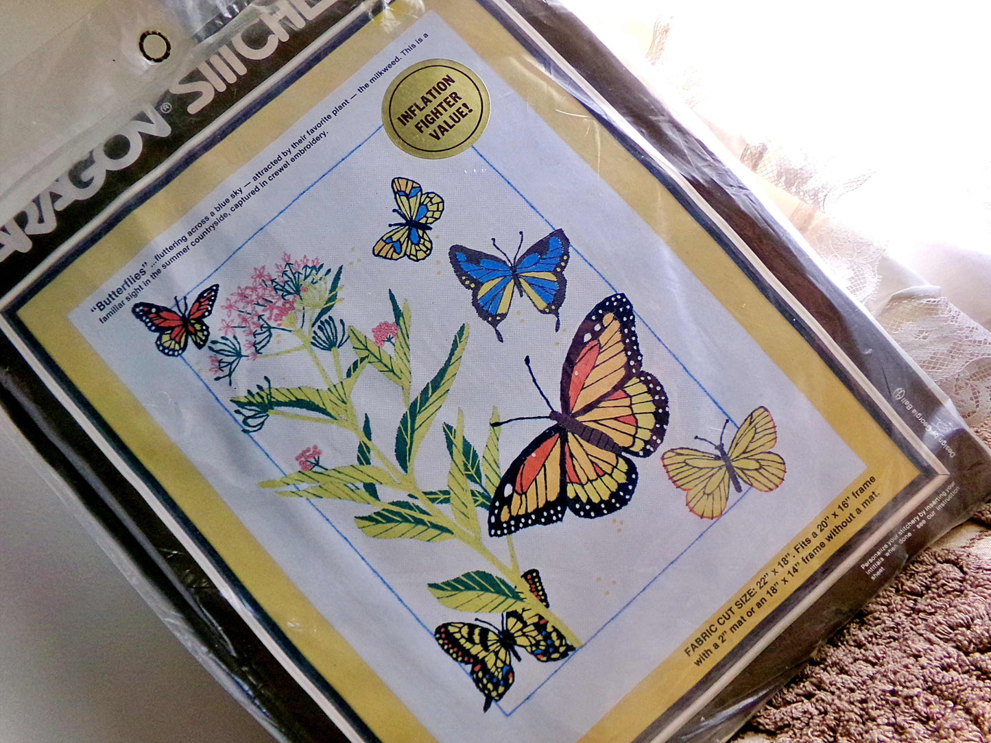 BUTTERFLIES Crewel Stitchery Kit, Vintage Paragon Needlecraft Embroidery, Natural Earthy Hippie Design, Georgia Ball, # 0947