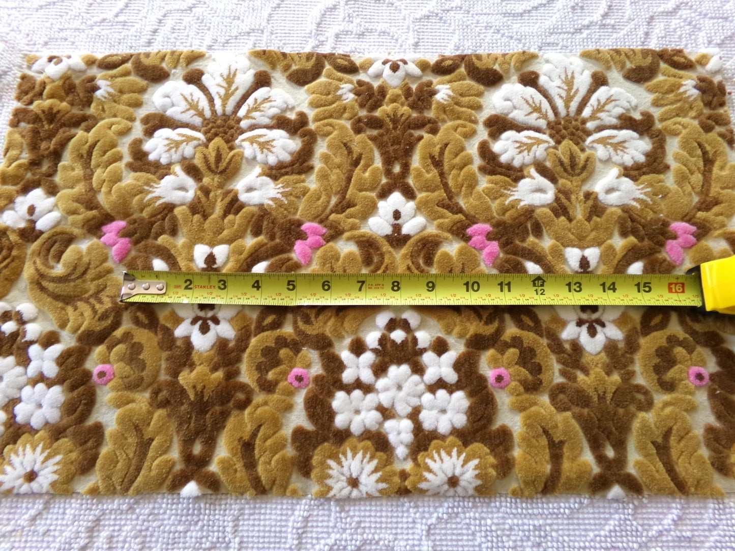 lux caramel chocolate cut velvet fabric, vintage Bates tapestry chenille, 12" x 21" inch piece, ideal sewing material for small bags
