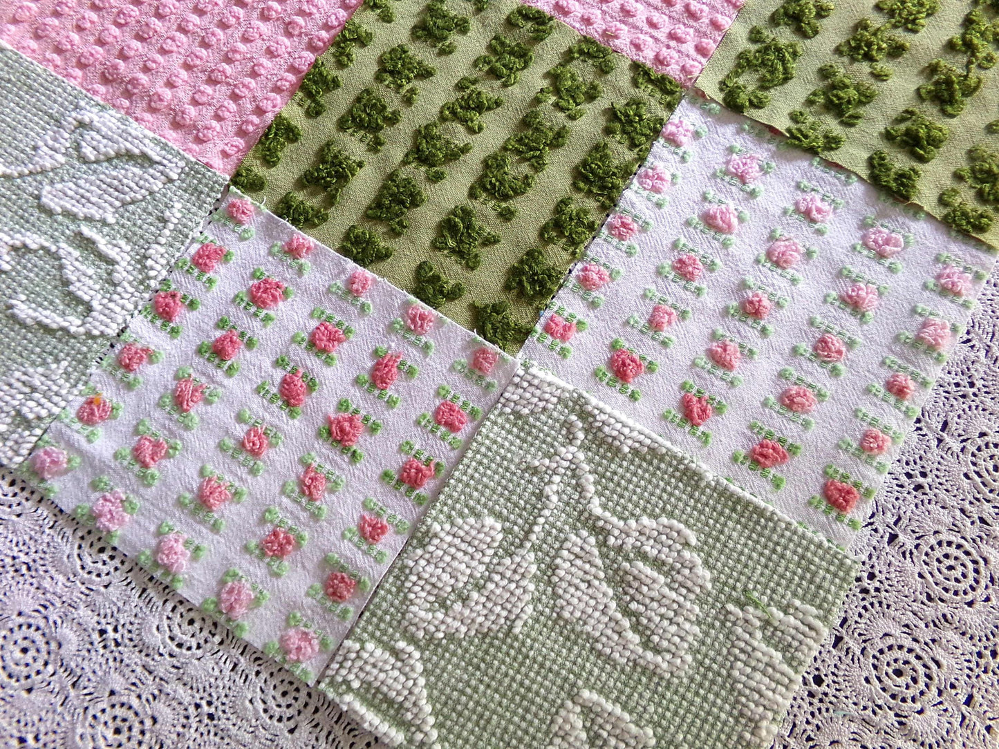 Olive & Ombre Rose Chenille Fabric Squares Set, Old Fashioned 16 Vintage Quilt Blocks, 6" x 6" inches each, for Quilting, Sewing, Pillows
