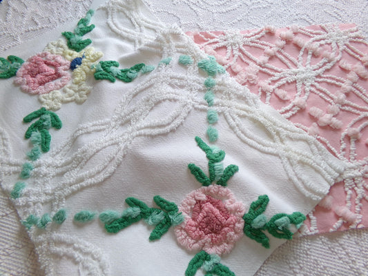 Cottage Style Vintage Chenille Fabric Bundle for Sewing, Quilting in Pink Floral, White & Green | 2 Pieces 12" x 18" each