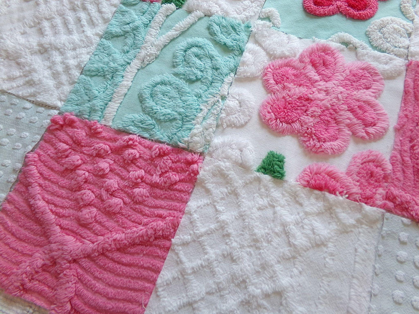 seafoam & pink 6" chenille squares, set of 16 quilt blocks rotary cut from vintage chenille bedspread fabrics