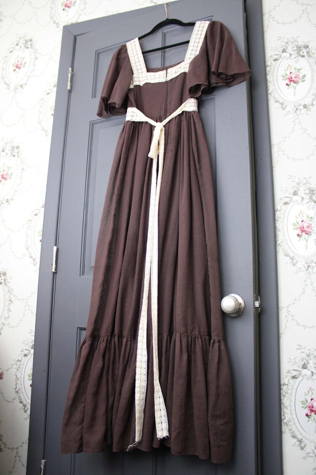 Vintage Boho Brown Prairie Dress, 1970s Long Maxi Length Gown, XS Jr Sz 11, Act I