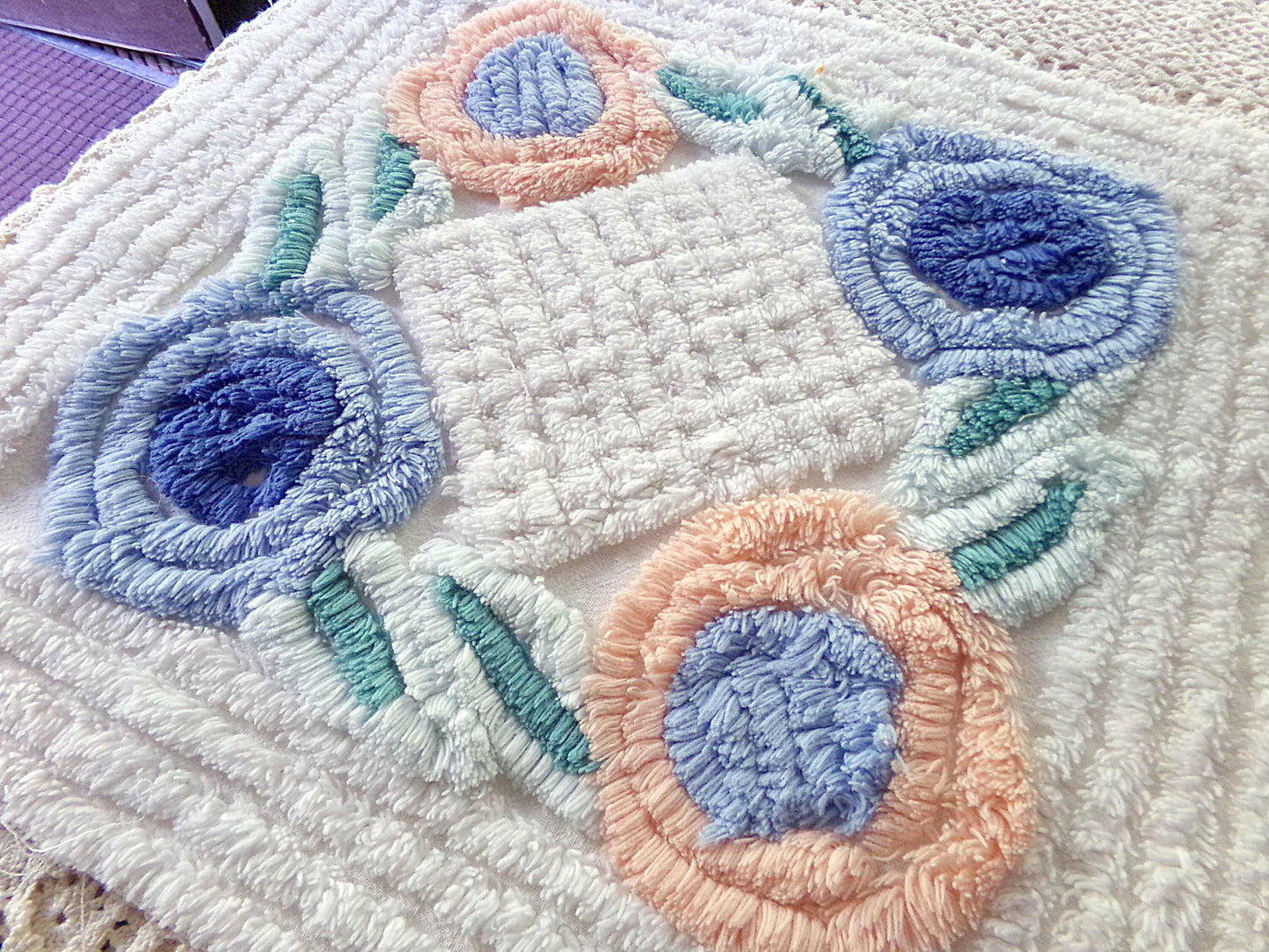 Pretty Vintage Chenille Fabric in Two Tone Blue & Iced Peach Roses on White, 13" x 30" inch Piece, Ideal for DIY Pillow Covers