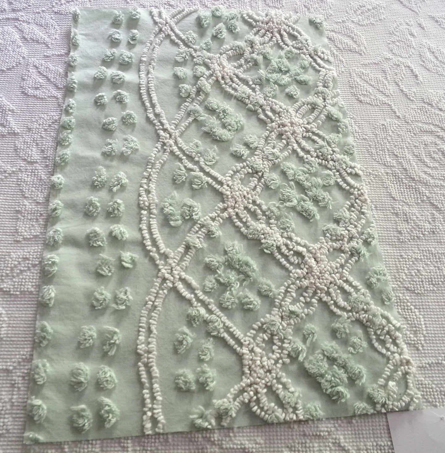 Creamy Mint Green Vintage Chenille Fabric, 20" x 13" inch Piece, White Wedding Ring & Dot Design, Great for Handmade Quilts, Crafts