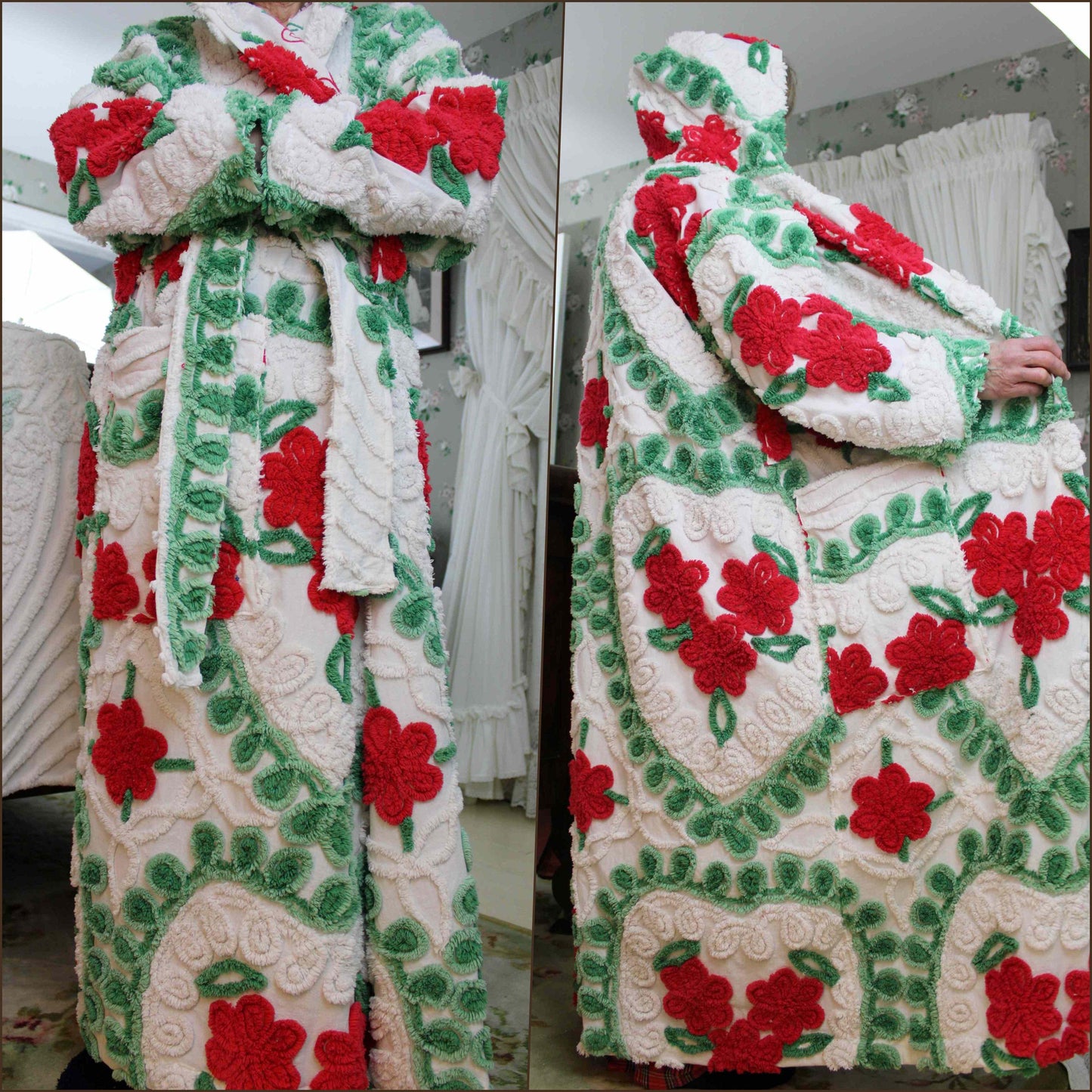 Winter Rose HOODED Chenille Robe, Green Hearts & Red Roses Bathrobe Upcycled from Vintage Midcentury Chenille Bedspread, Medium Large
