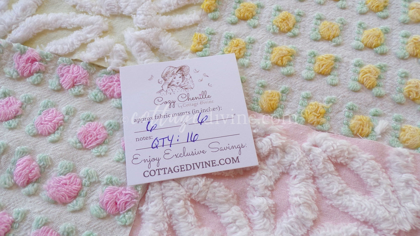 Chenille Fabric Squares Set, "Spring is in the Air", from Vintage Bedspread Fabrics, 16 Quilt Blocks, 6" inch, Cottage Pink, Yellow & White
