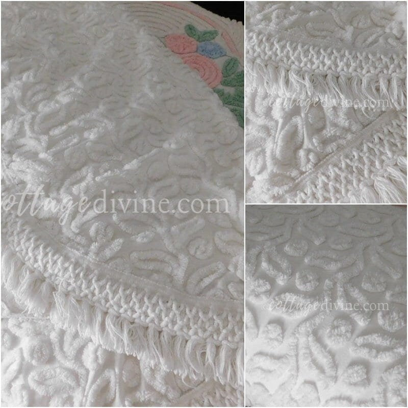 White Ivy Berry Vintage Chenille Bedspread, Full Size Cotton Bedding with Fringe, Tagged Hofmann Textiles