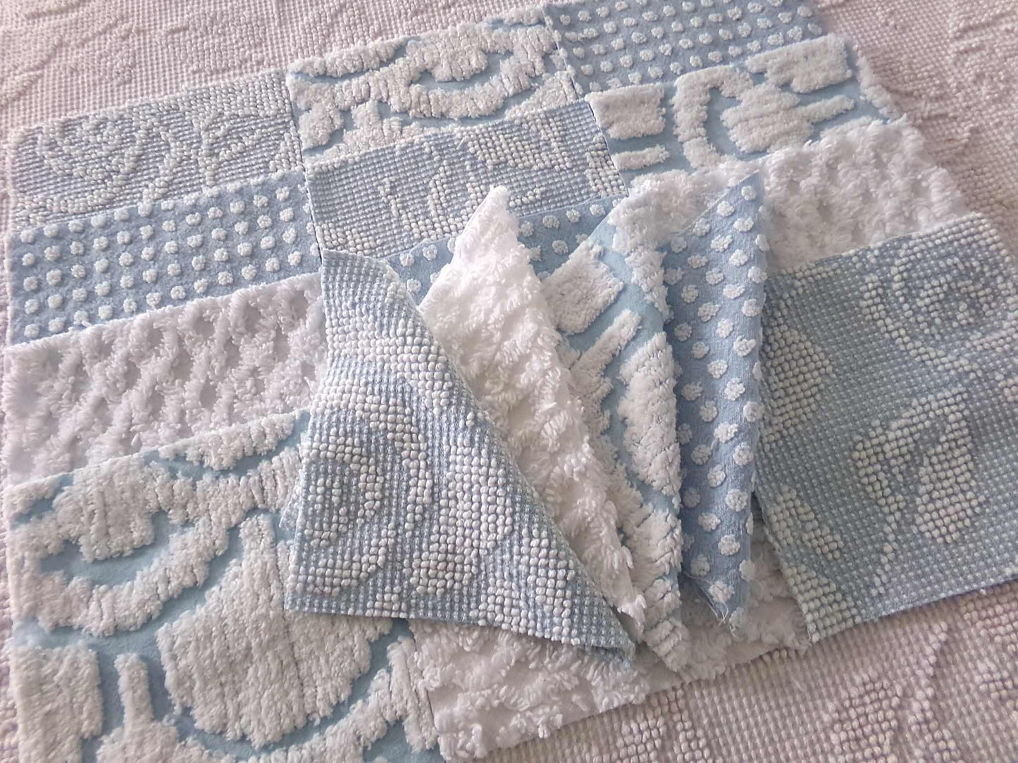 seaside chill chenille fabric squares, 16 vintage blue & white quilt blocks 6" x 6" inch, for pillows, quilting, crafts