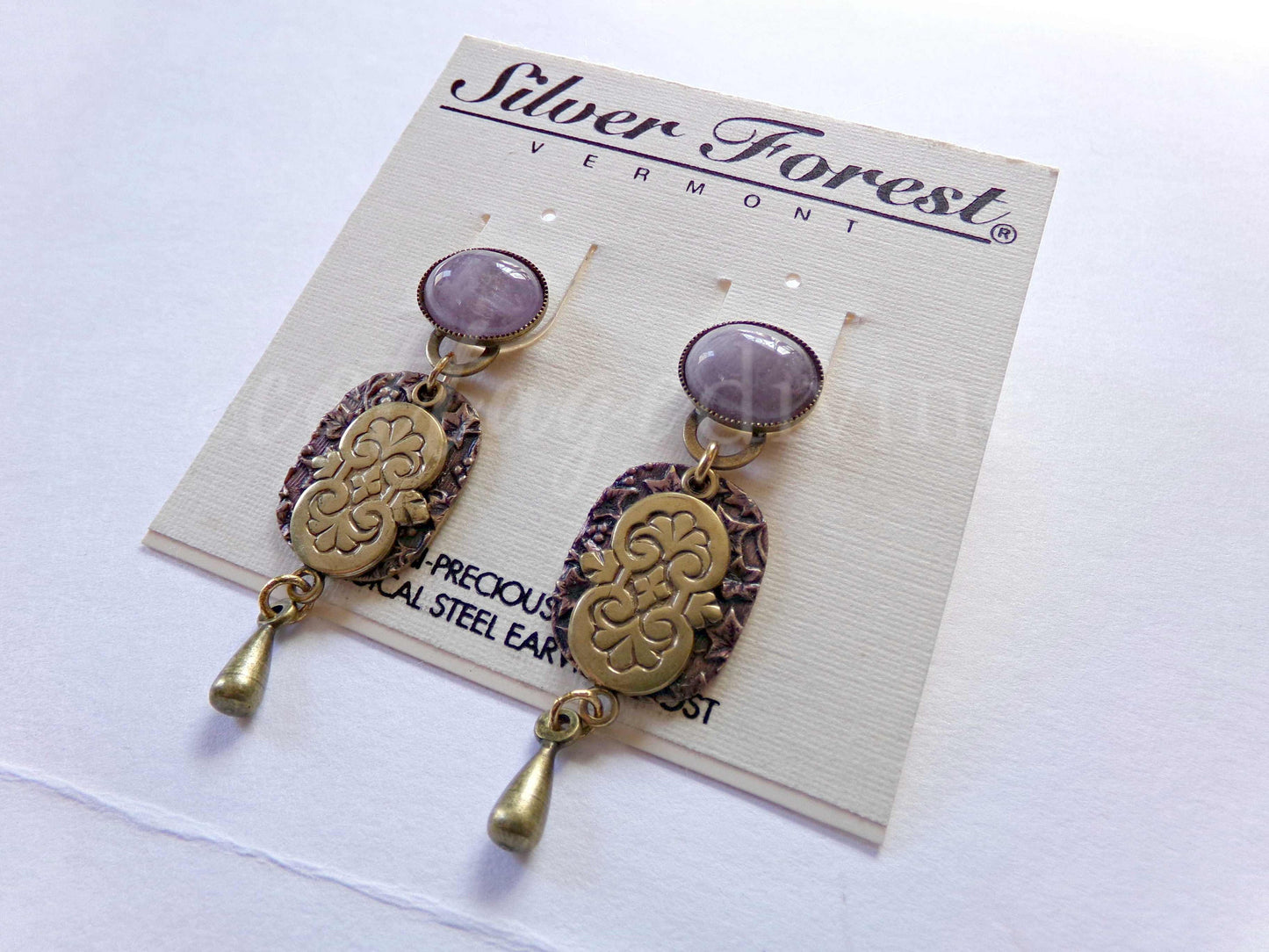 Amethyst Ivy Pierced Dangle Earrings, Artsy Boho Vintage Style Silver Forest Vermont Design, Semi-Precious Stones