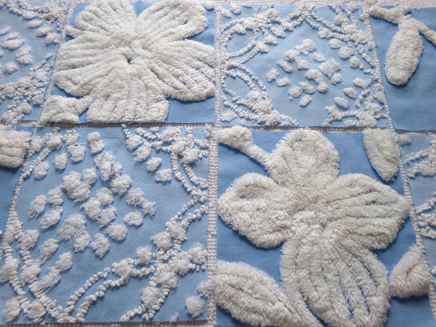 coastal breeze chenille fabric squares, set of 8 vintage 7.5" quilt blocks, blue geometric, white floral for sewing, crafts, quilting