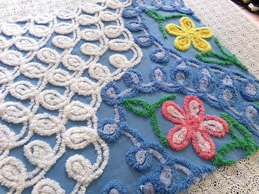 Teardrop Blue Floral Vintage Chenille Fabric, 20" x 21" Inch Piece, Great for Pillow Cover