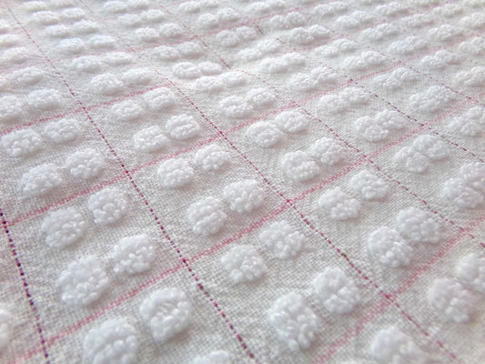 cutie pie pops vintage fabric with nubby tuft chenille popcorns in pink grids, 12" x 18" inch piece for quilting material & sewing