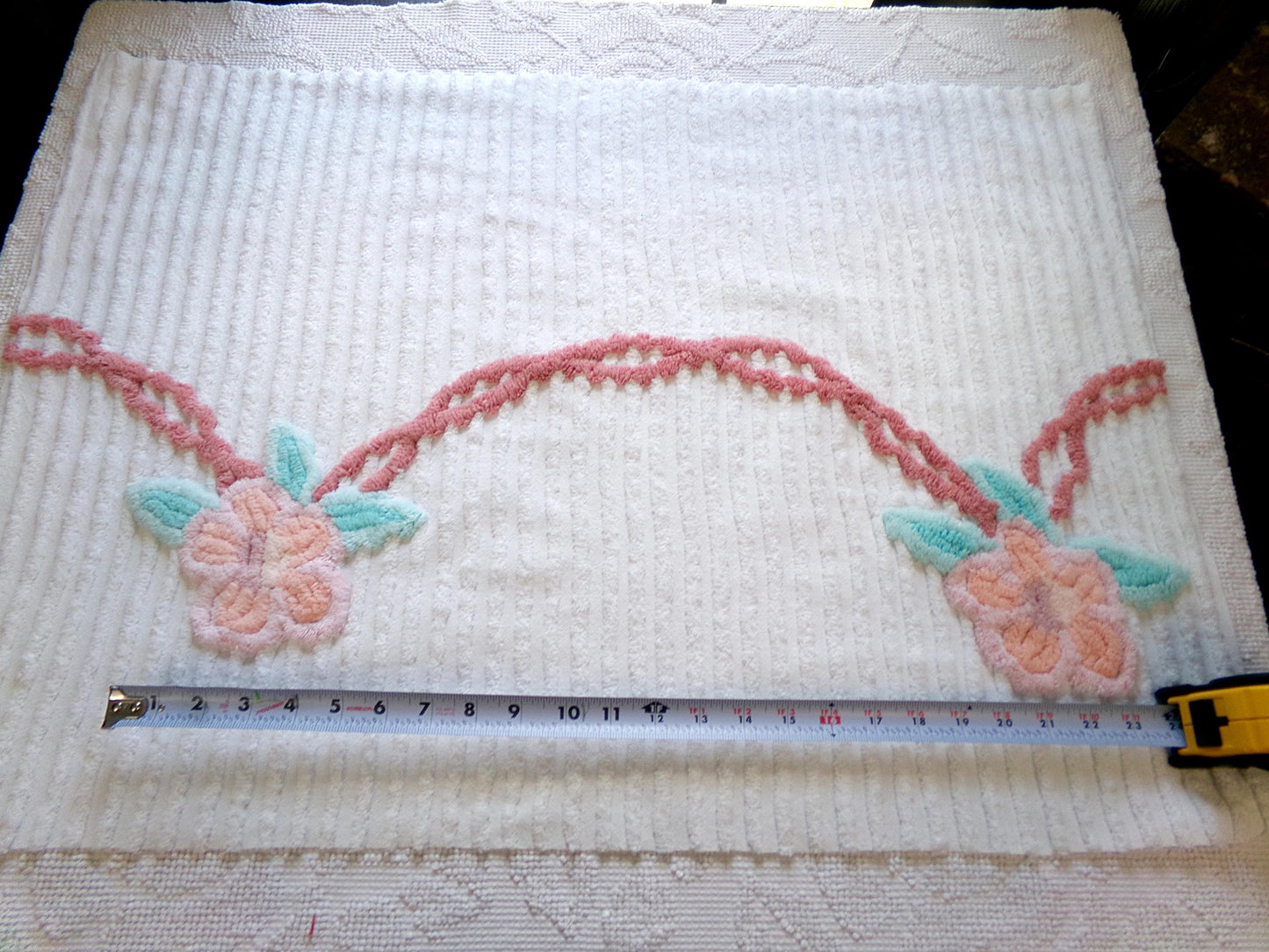 rose garland vintage chenille fabric, floral 20" x 29" piece of white cotton sewing material for crafts, pillows
