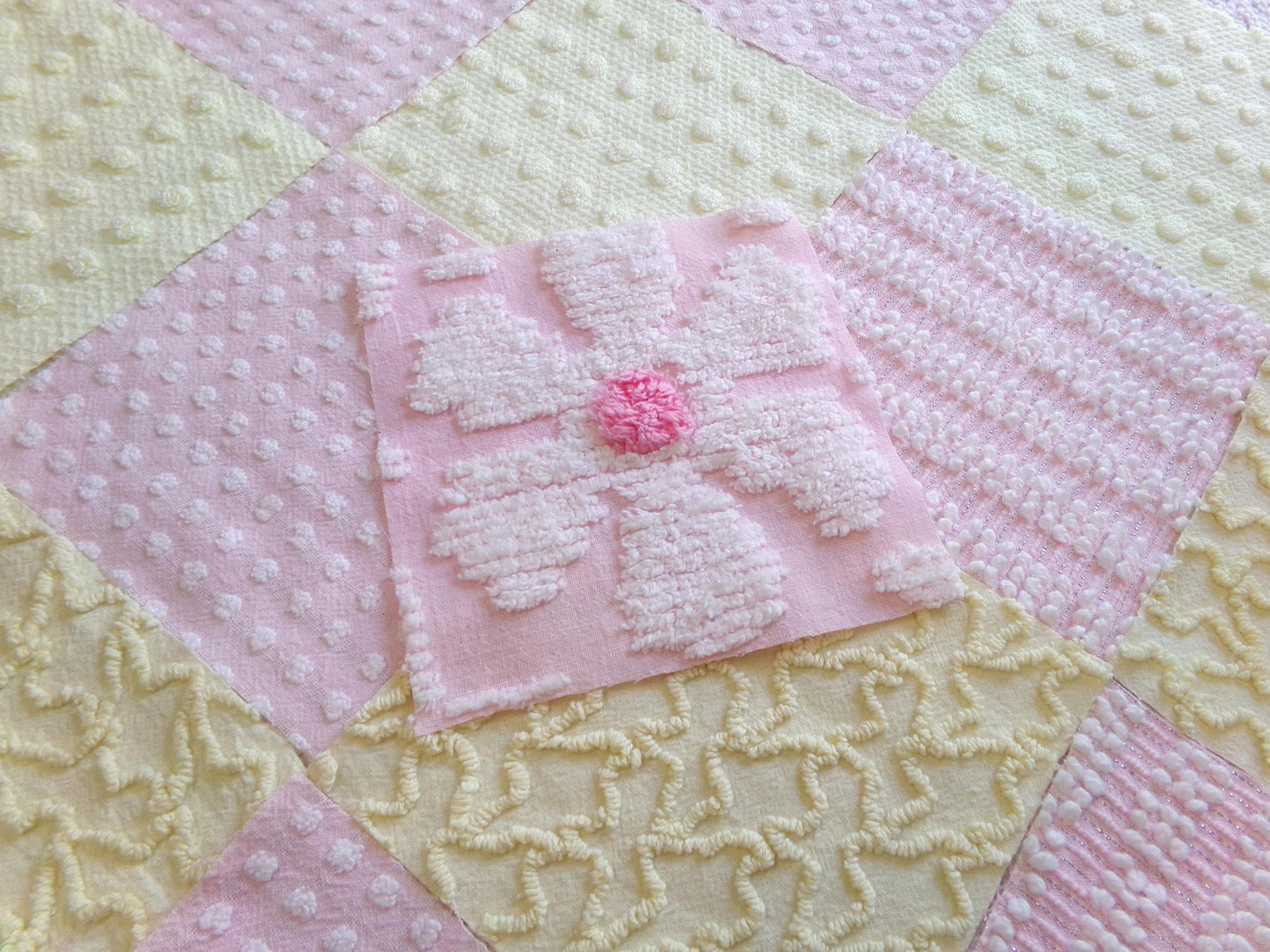 celebrate spring vintage chenille fabric squares, set of 17 pink & yellow 6" blocks for crafts, sewing