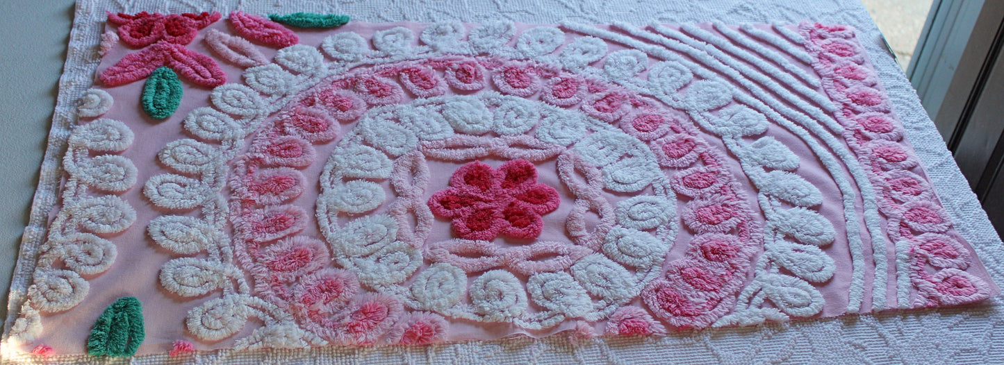 Yummy Strawberry Cake Vintage Chenille FABRIC, 32" x 17" Inch Piece, Swirls & Twirls of Frosted Tufts