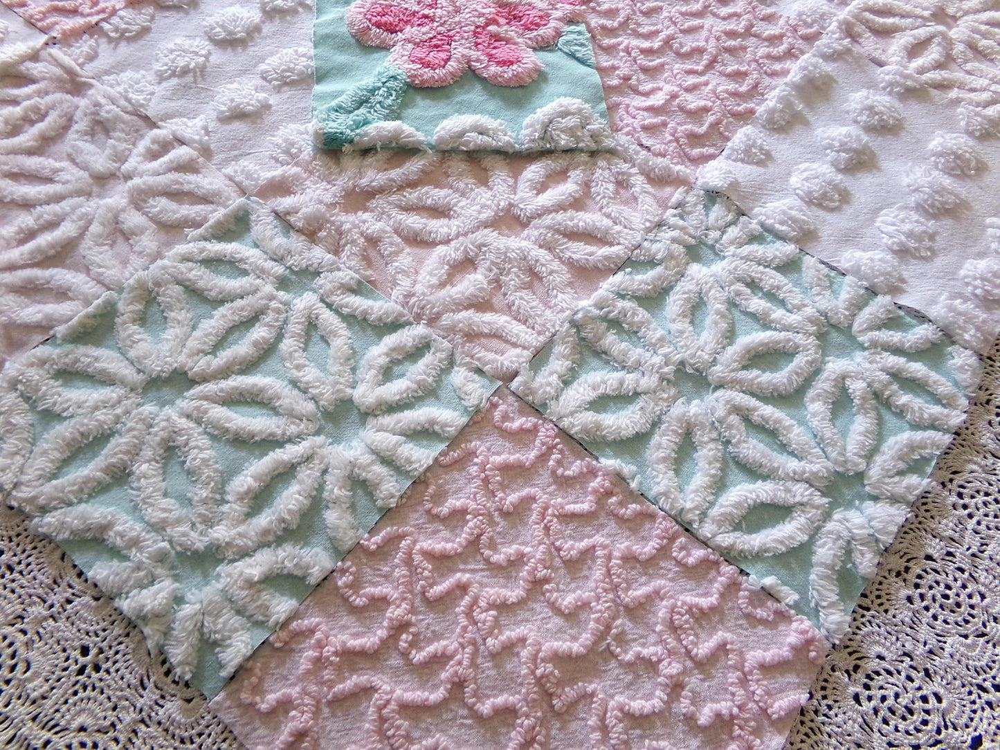 cottage chic 6" chenille squares, set of 17 aqua, pink & white quilt blocks cut from vintage chenille bedspread fabrics, daisies 'n dots
