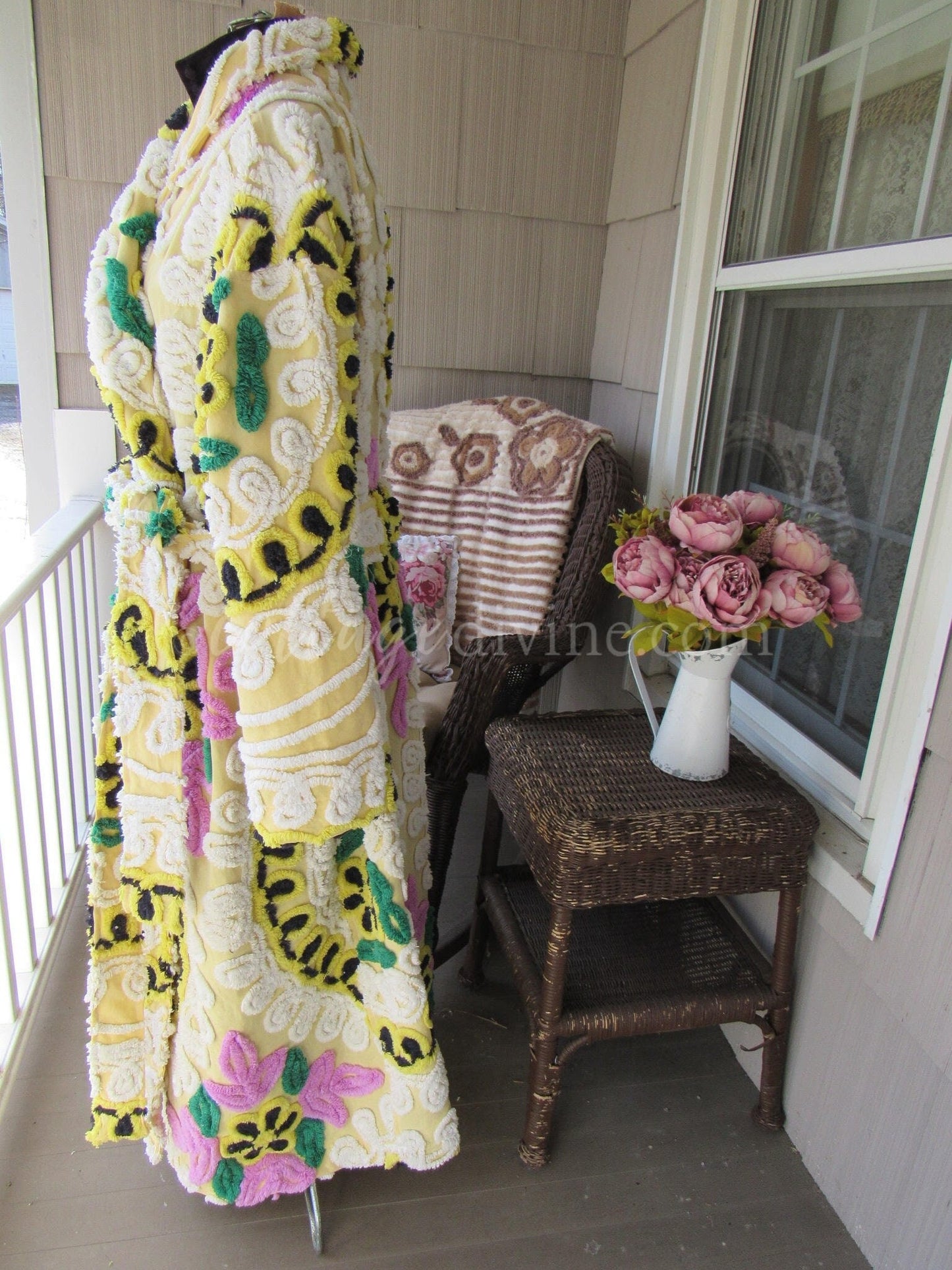 Plus Size Chenille Robe, Rise 'n Shine, XL XXL Bathrobe with Sculpted Cake Frosting Florals in Black & Sunny Yellow, Art to Wear