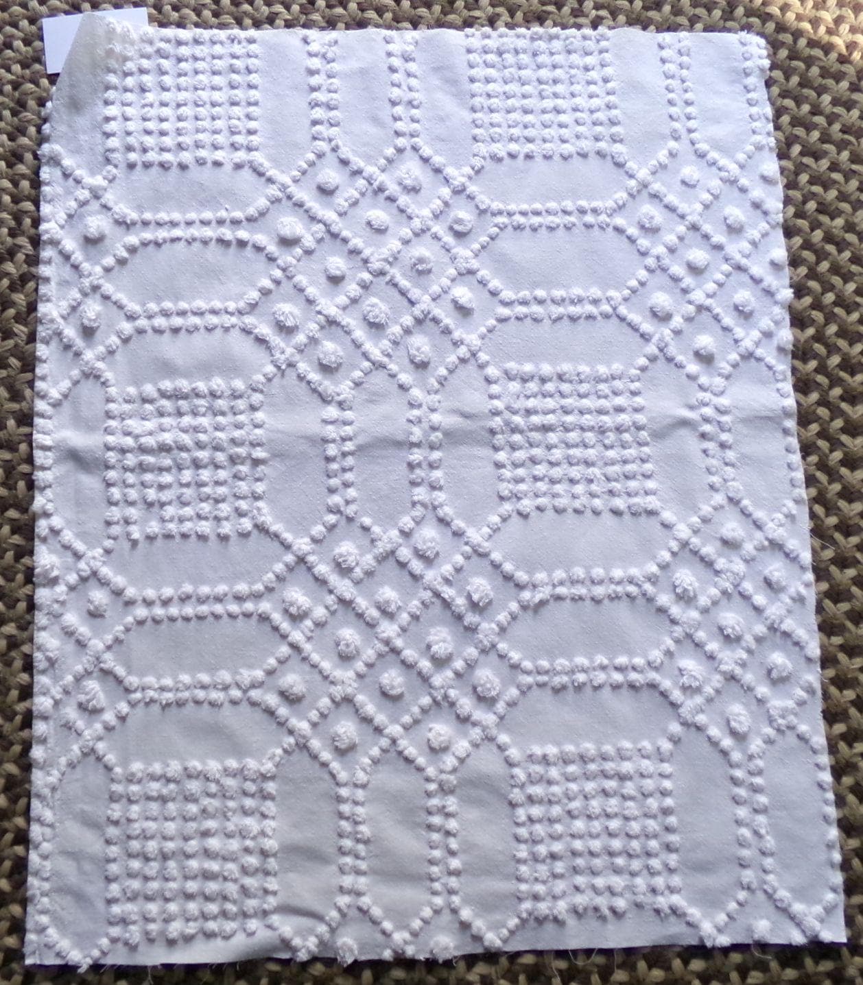 celestial white vintage chenille fabric, vintage geometric piece of cotton sewing material for quilts, pillows, wall hangings, 23" x 28"